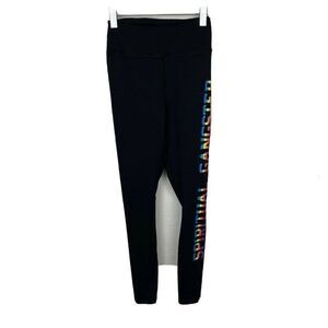 Spiritual Gangster Leggings XS Womens Black Rainbow Logo Side Stretch Mid Rise